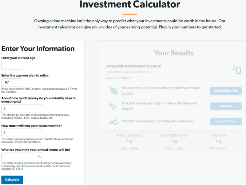 Input fields for Dave Ramsey investment calculator showing starting amount, monthly contribution, and years to invest.