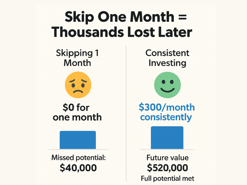 Visual comparison showing long-term investment growth with and without missing a monthly contribution using Dave Ramsey investment calculator.