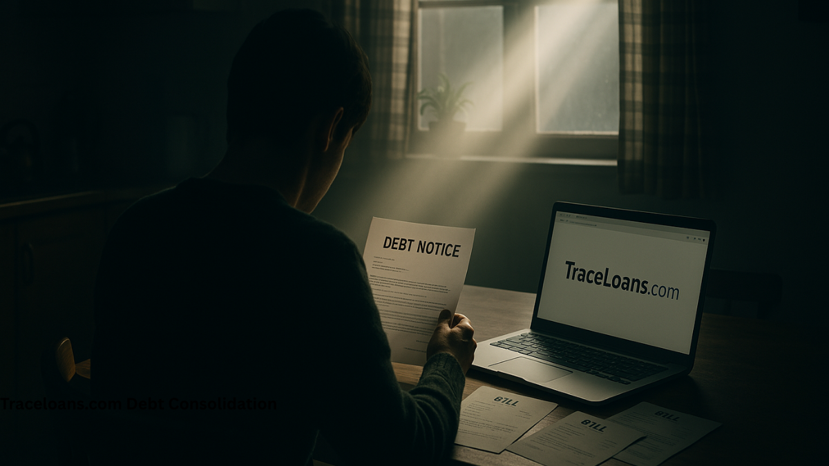 Person reviewing debt paperwork and visiting Traceloans.com for debt consolidation help