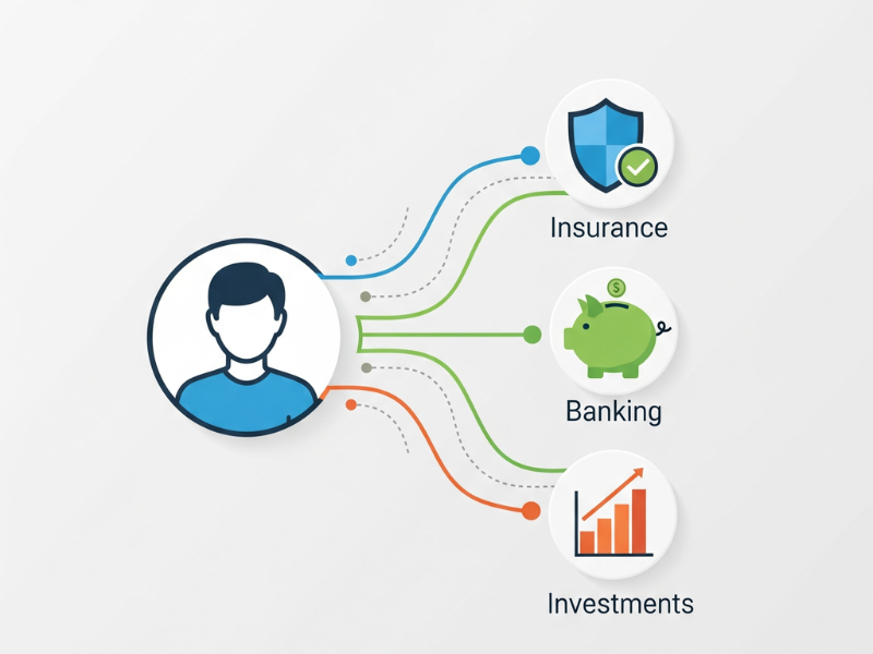 financial representative definition with icons of banking, insurance, and investments