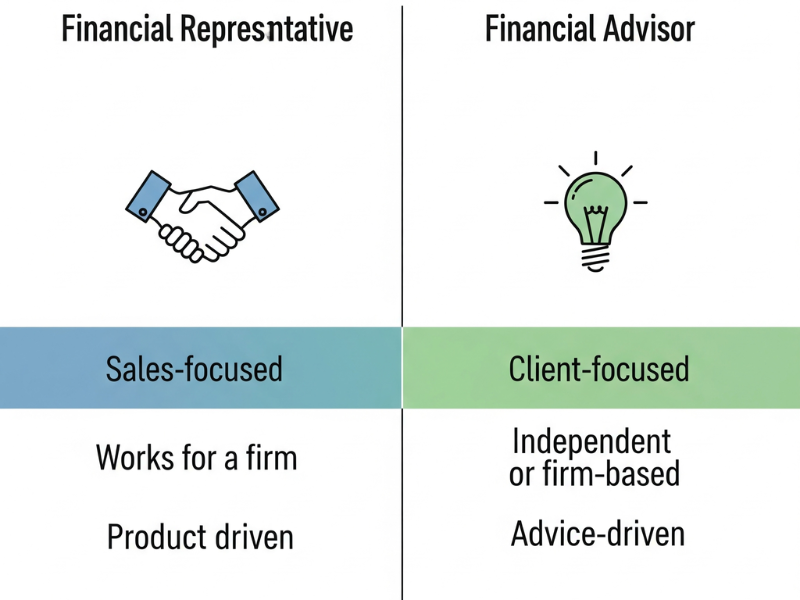 Financial Representative vs. Financial Advisor comparison chart showing sales-driven role versus client-focused advisory role.