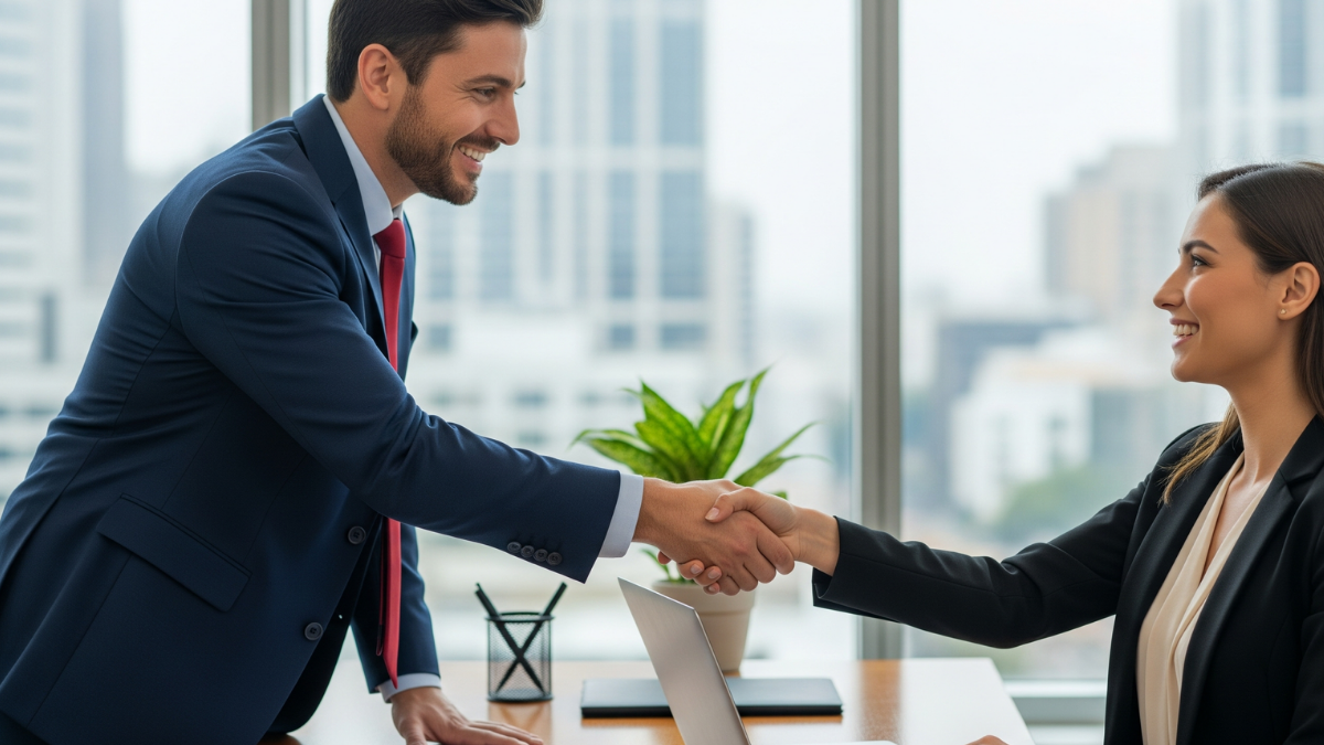 financial representative meeting a client in an office setting