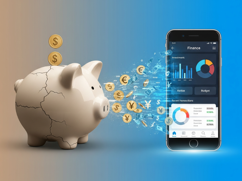 piggy tracking illustration showing piggy bank evolving into savings app