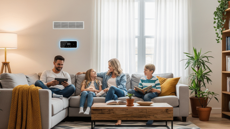 HVAC financing in 2025 featured image with a family enjoying a comfortable home