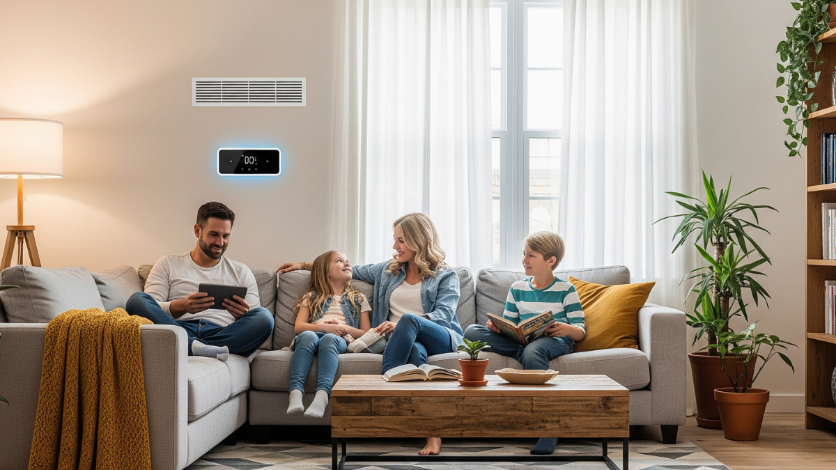 HVAC financing in 2025 featured image with a family enjoying a comfortable home