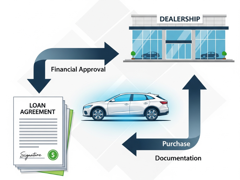 Illustration showing the process of how you can trade in a financed car with car, loan, and dealership icons