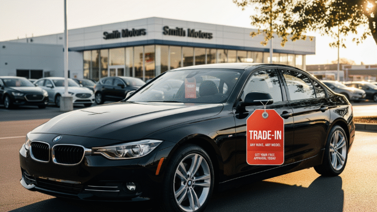 Featured image showing a dealership car lot with a vehicle marked for trade-in, representing can you trade in a financed car
