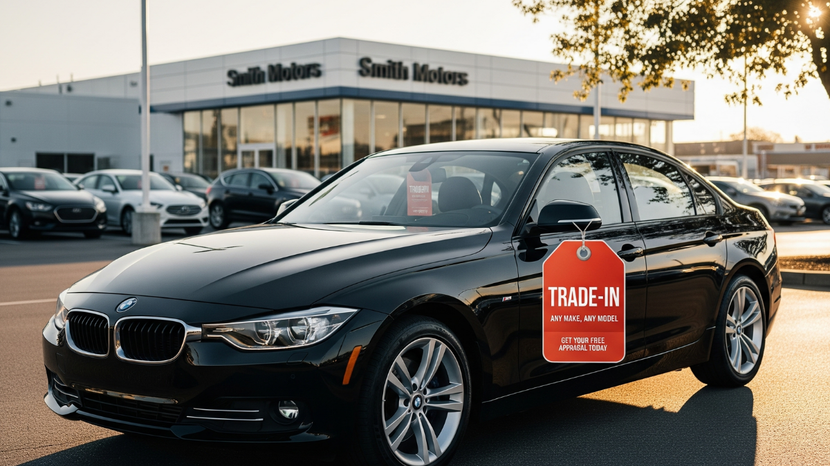Featured image showing a dealership car lot with a vehicle marked for trade-in, representing can you trade in a financed car